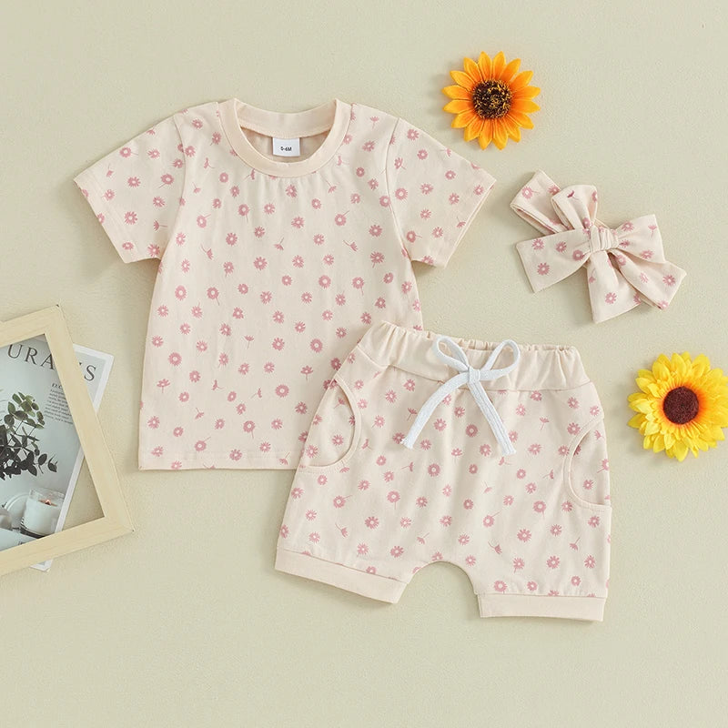 Lioraitiin Toddler Baby Girls Clothes Sets Floral Print Short Sleeve T-shirts with Shorts and Hairband Summer Outfit