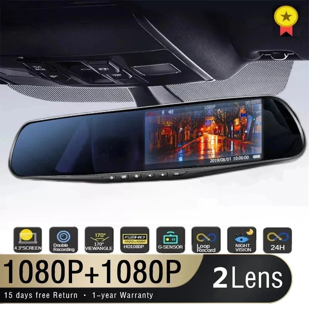 Dual Lens Driving Recorder for Cars - Mirror Dash Cam with IPS Front and Rear Cameras