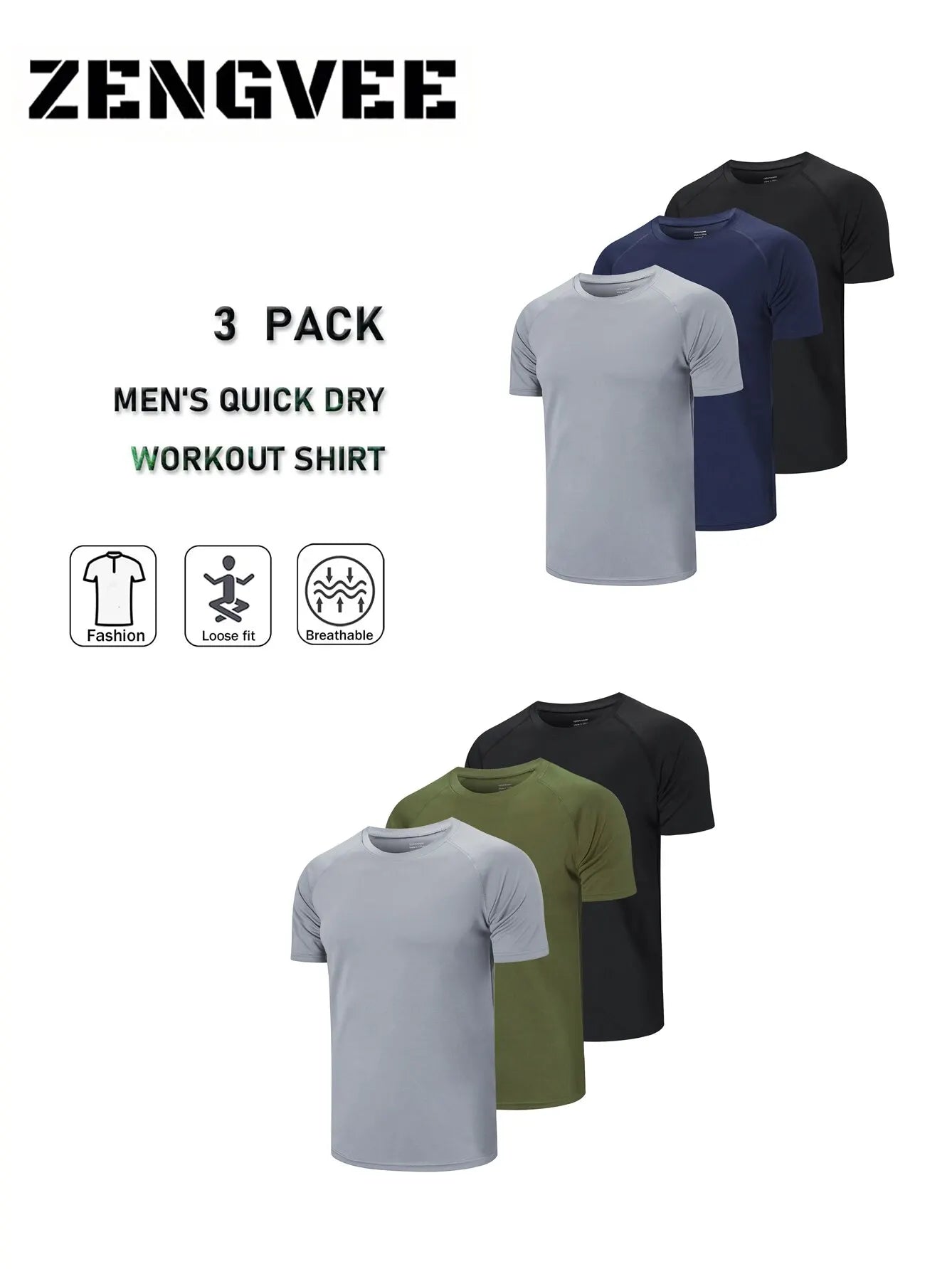 Camisetas masculinas Sengvee Fitness respiráveis ​​3 em pacote 