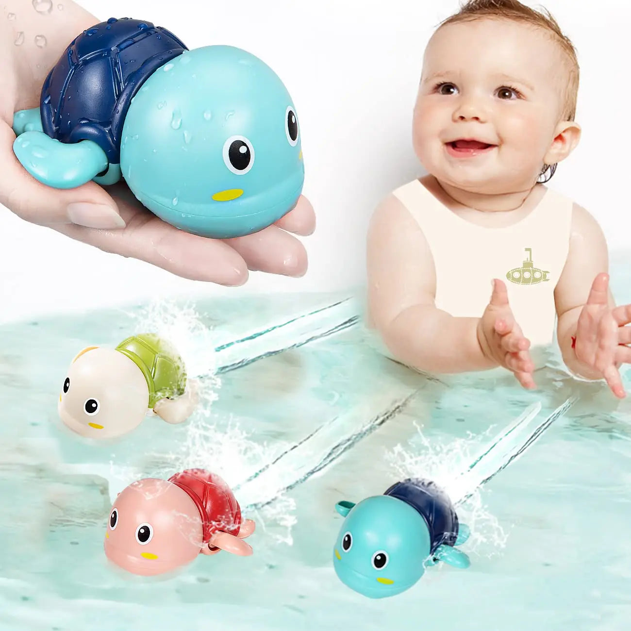 Aquatic Adventure baby bath toy set with swimming turtle and whale on the beach