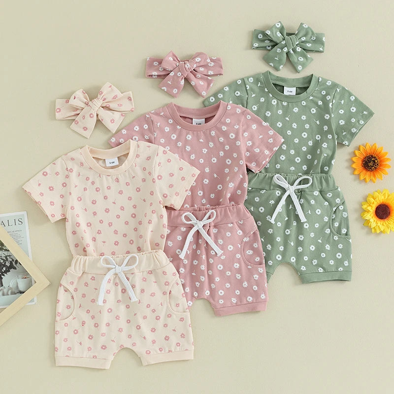 Lioraitiin Toddler Baby Girls Clothes Sets Floral Print Short Sleeve T-shirts with Shorts and Hairband Summer Outfit